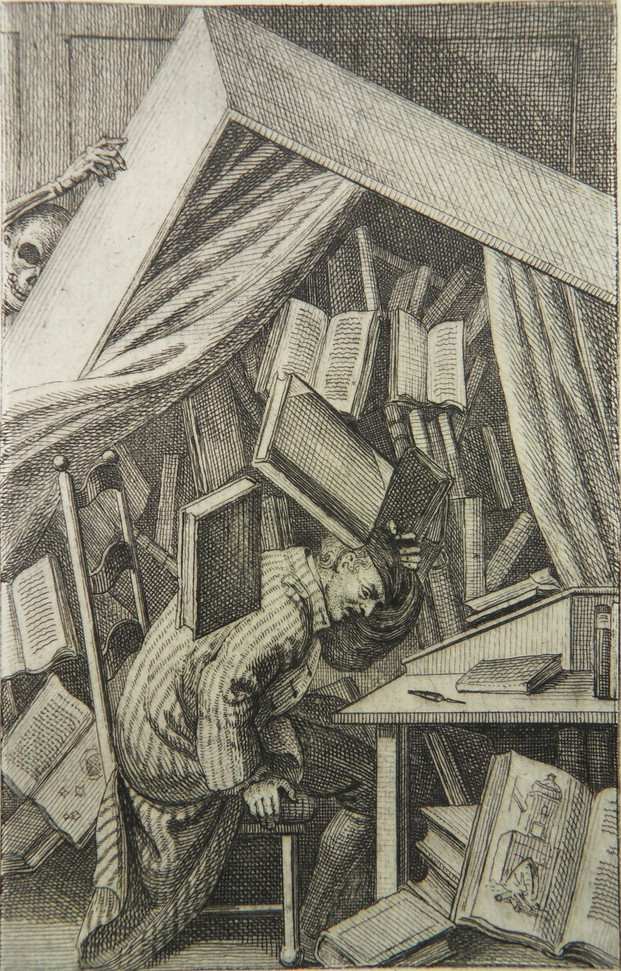 In einer Bibliothek wird ein Bücherregal von einer Personifikation des Todes umgestossen und stürzt auf einen lesenden Menschen.