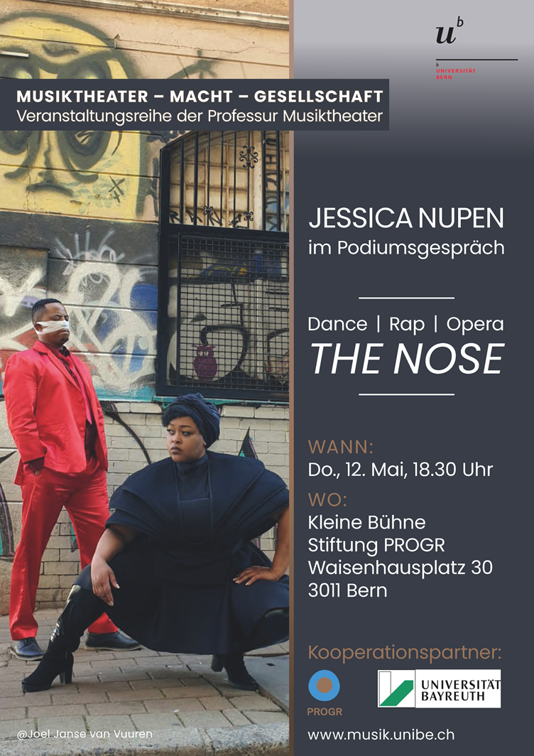 Plakat zum Podiumsgespräch mit Jessica Nupen zum Thema "Dance-Rap-Opera "The Nose""