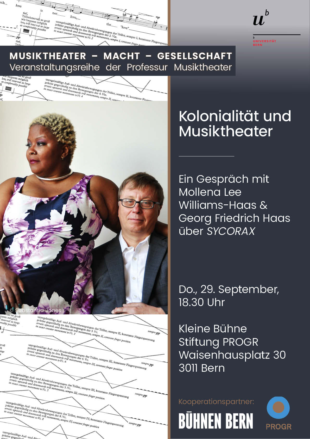 Plakat zum Gespräch zum Thema Kolonialität und Musiktheater mit Mollena Lee Williams-Haas und Georg Friedrich Haas über Sycorax. auf der linken Seite Doppelporträt der beiden, im Hintergrund eine Partiturseite von Haas' Oper Sycorax.